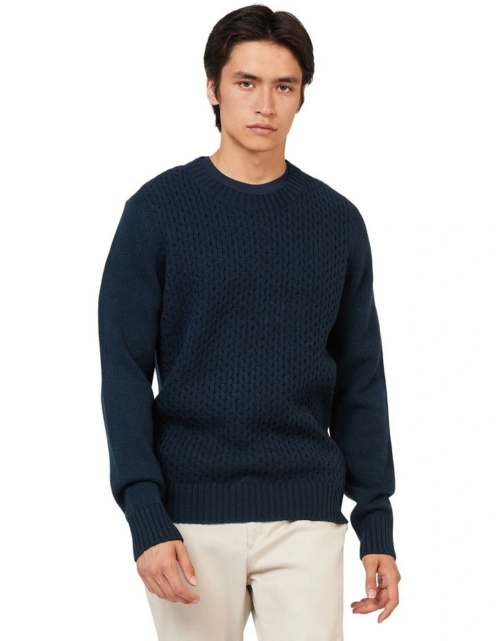 Aran Textured Crew Knit in Navy