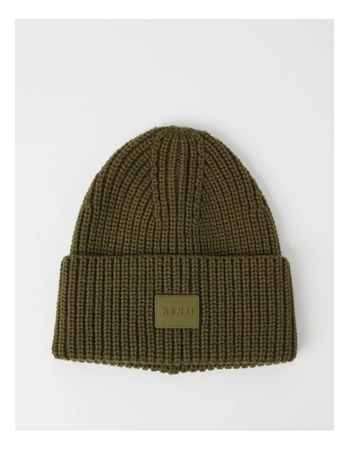 Turn Up Beanie with Rubber Patch in Khaki