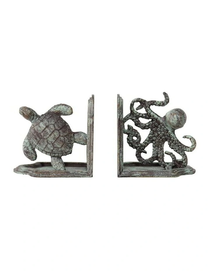 Cast Iron Octopus and Turtle Bookends in Green