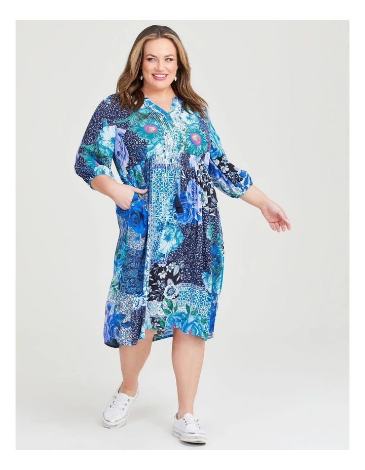 Natural Blue Tile Pintuck Dress in Print