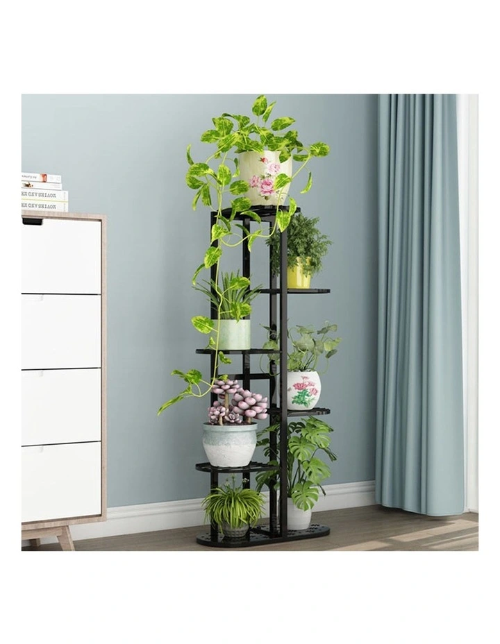 6 Tier 7 Pots Metal Flowerpot Shelf Rack in Black