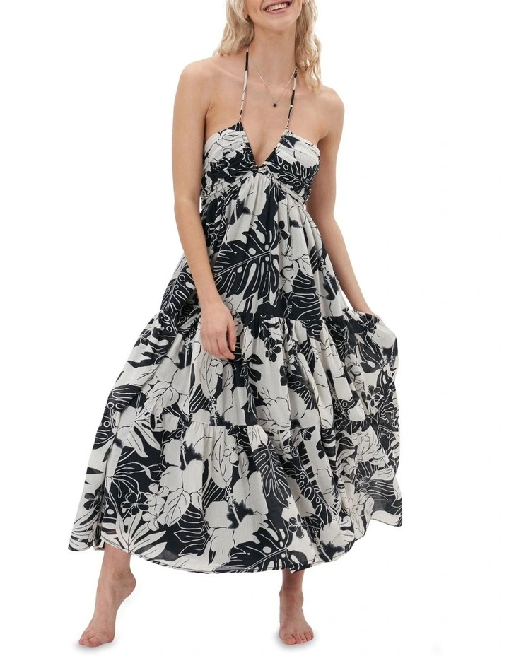 Ruched Halter Midi Dress in Black