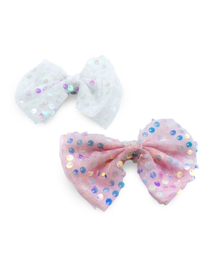 Sequin Bow Clip Set in Pink
