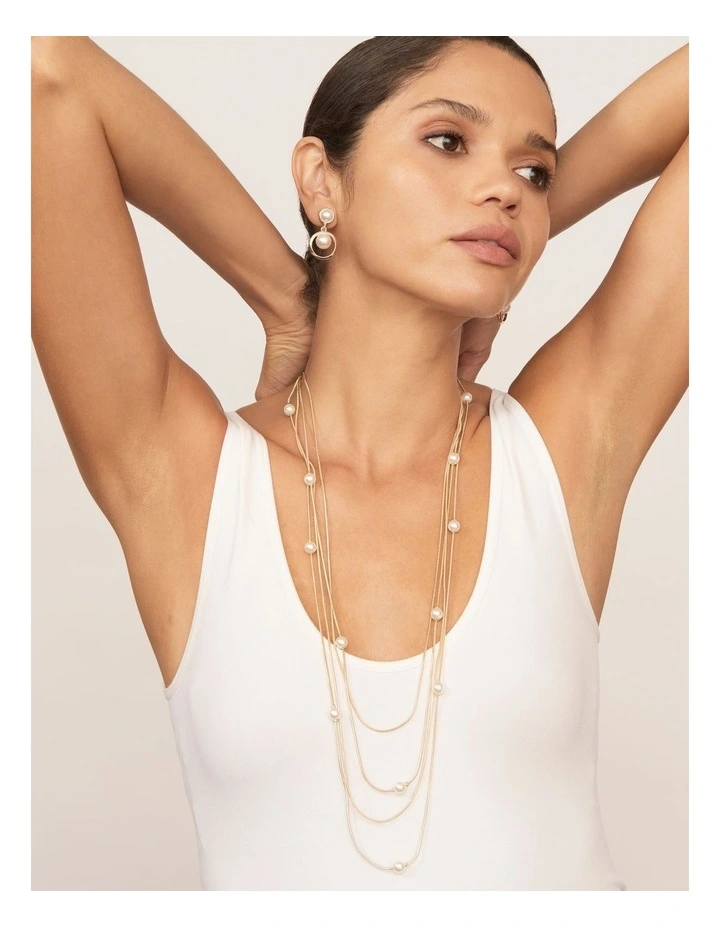 Long Pearl Line Necklace in Gold