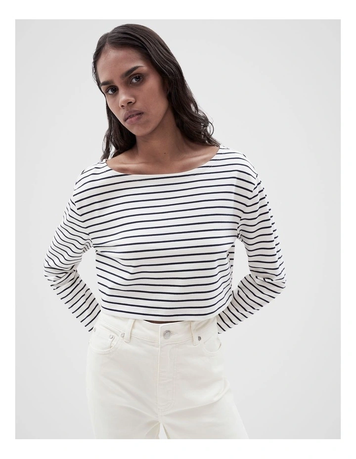 Cropped Stripe Top in Ecru Navy Stripe