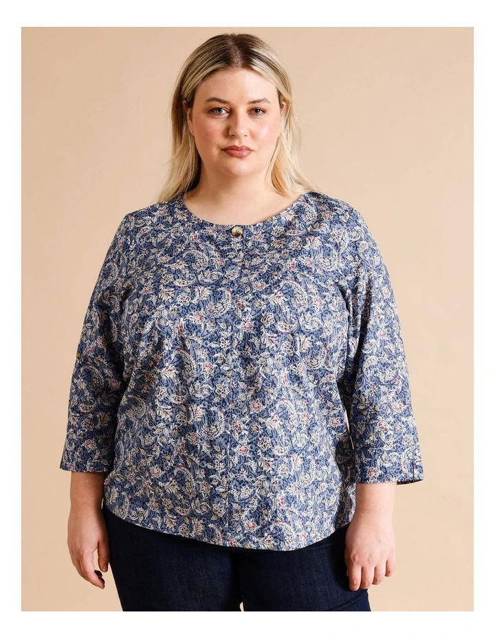 Organic Cotton 3/4 Sleeve Swing Top Button Neck In Blue Paisley Print