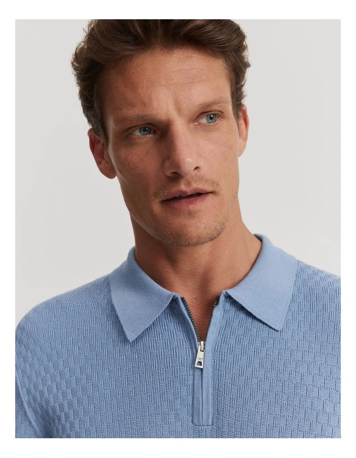 Cotton Silk Textured Knit Polo Shirt in Light Blue Melange