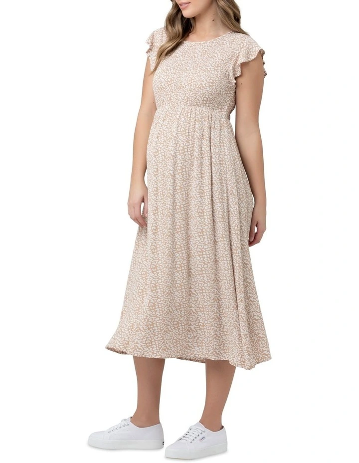 Erika Shirred Dress in Natural/White