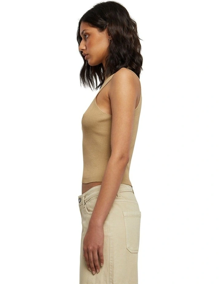 Short Rib Knit Turtleneck Top in Union Beige