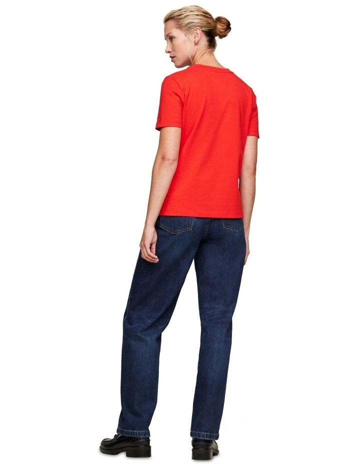 Crew Neck Crest Embroidery T-Shirt in Red