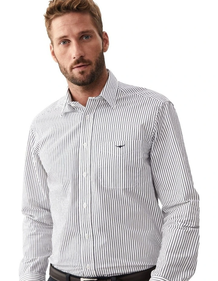 Collins Striped Long Sleeve Shirt in White/Navy