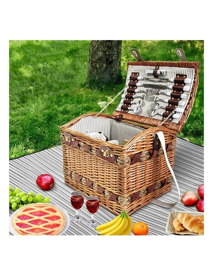 Storage Blanket 4 Person Picnic Basket Set in Brown
