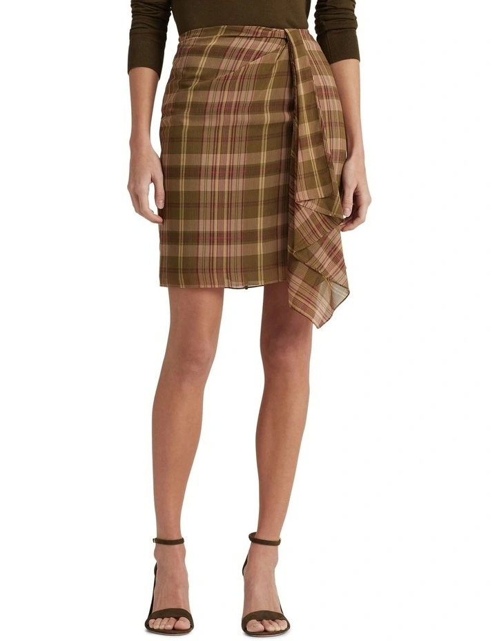Plaid Ruffle-Trim Georgette Skirt in Green