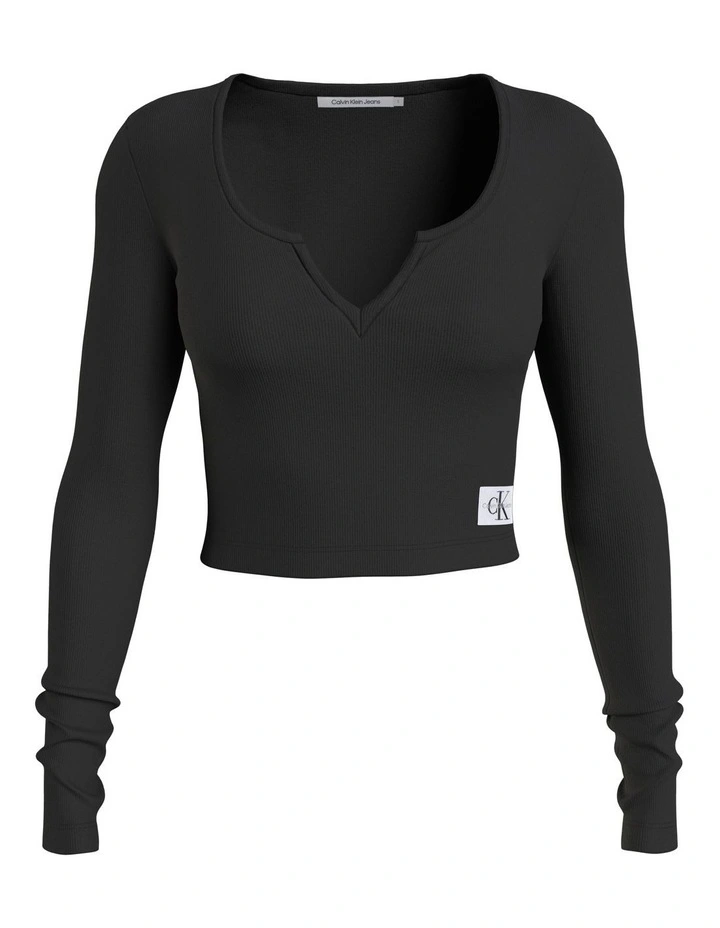 Split Collar Rib Long Sleeve in Black