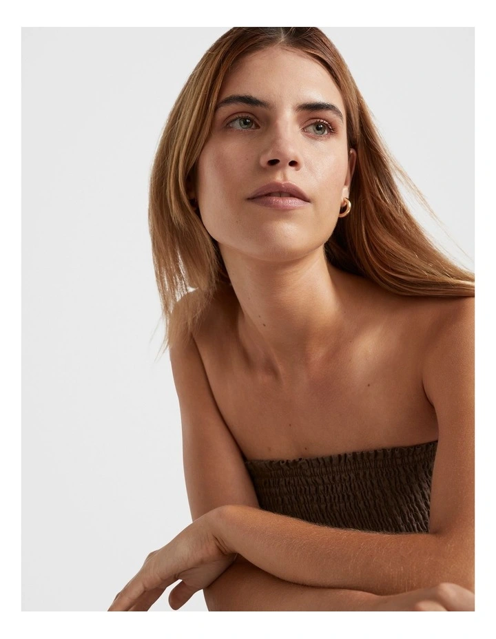 Linen Shirred Mini Dress in Cappuccino