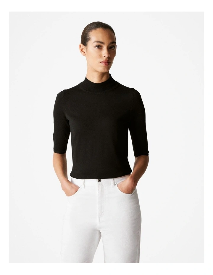 Merino Jersey Mock Neck Knit in Black