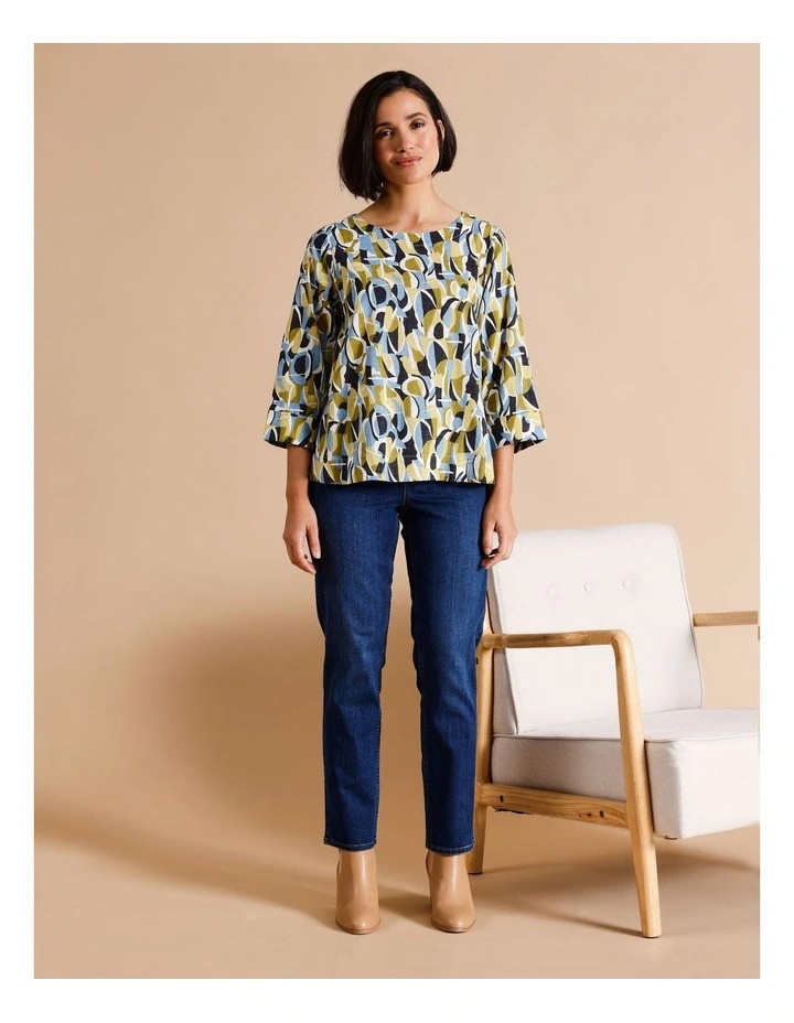 Organic Cotton Blend 3/4 Sleeve Swing Top in Blues/Greys/Olive Abstract