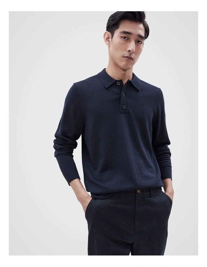 Merino Wool Polo Shirt in Navy