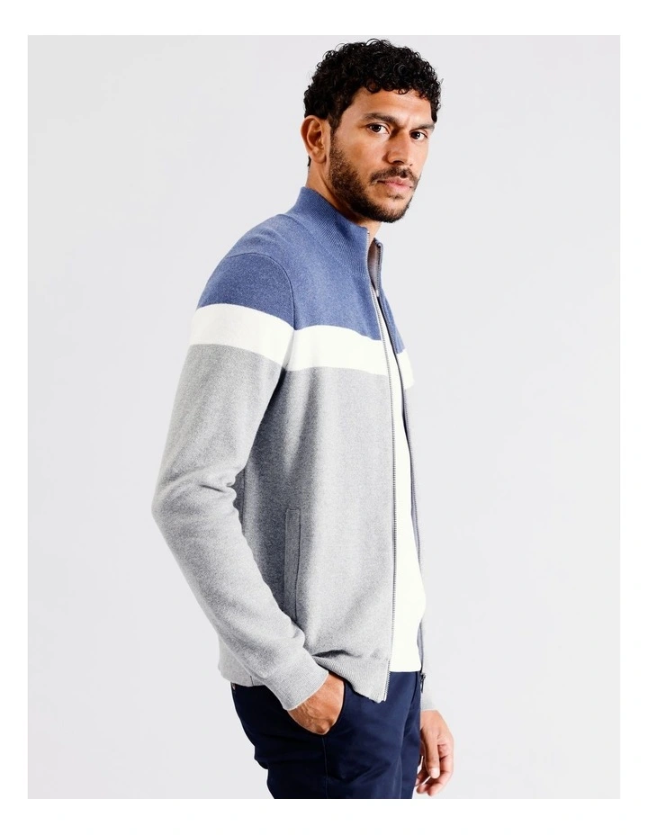 Simon Block Stripe Knit Zip Through in Blue