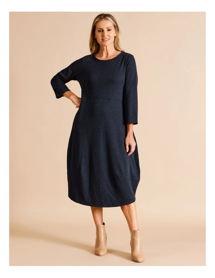 3/4 Sleeve Dart Hem Knit Dress In Navy/Blue Small Check