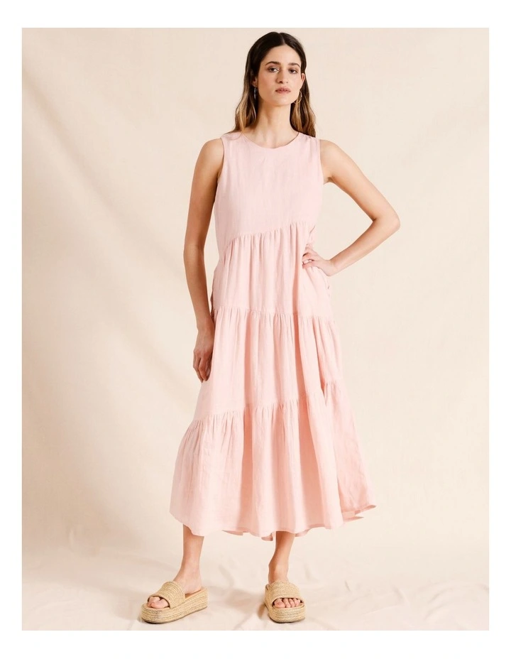 European Linen Asymmetric Tiered Midi Dress in Light Pink