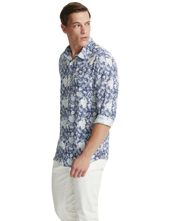 Holloway Linen Blend Printed Shirt in Navy