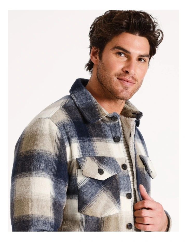 Sheepyard Check Sherpa Lined Long Sleeve Overshirt in Stone