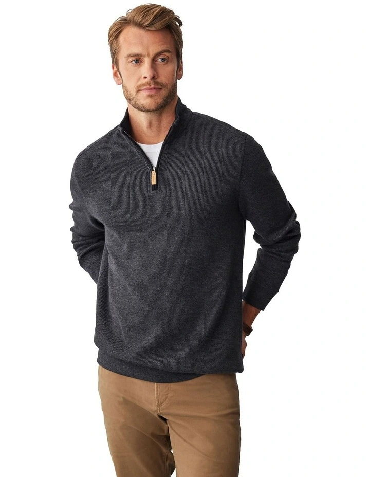 Half Zip French Rib Sweat Top in Charcoal