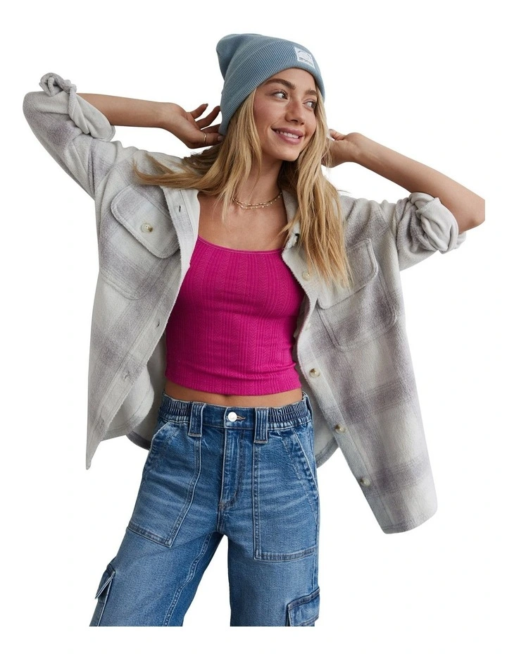 Oversized Plaid Fleece and Love Shacket in Gray
