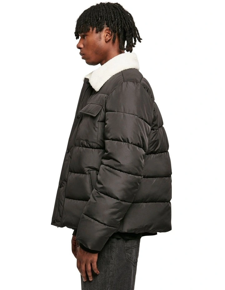 Sherpa Collar Padded Shirt Jacket in Black