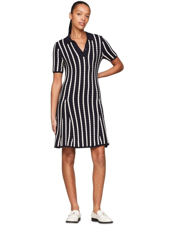 Cable Knit Knee Length Polo Sweater Dress in Blue