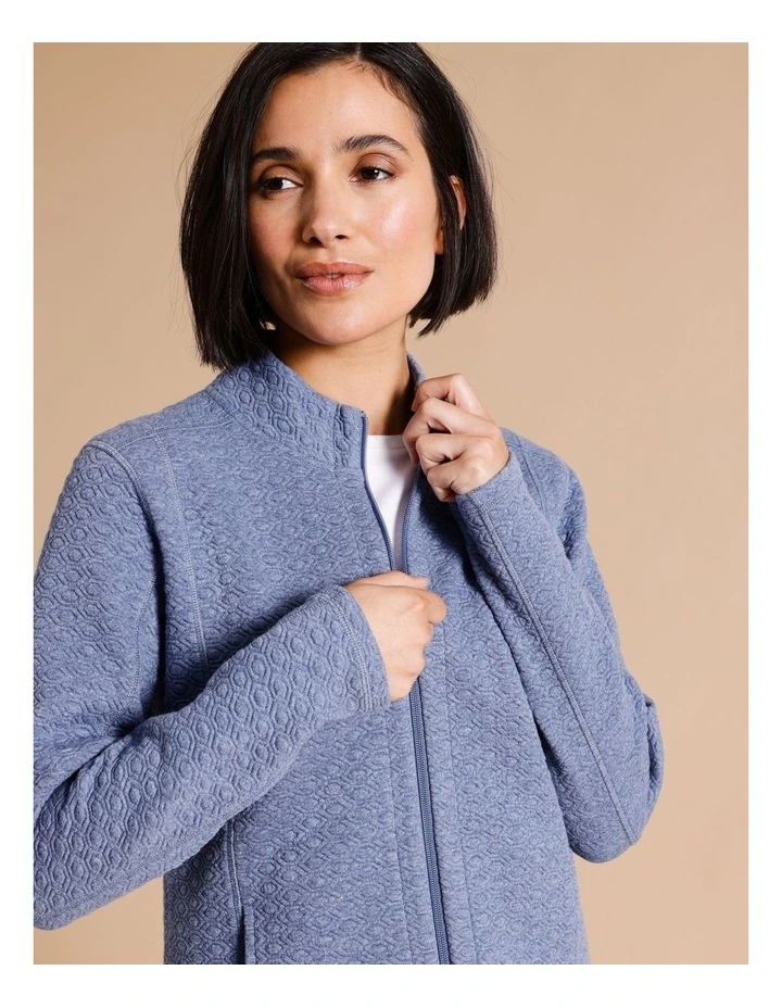 Recycled Polyester Blend Zip Thru Circle Jacquard Sweat Top In Blue Marle