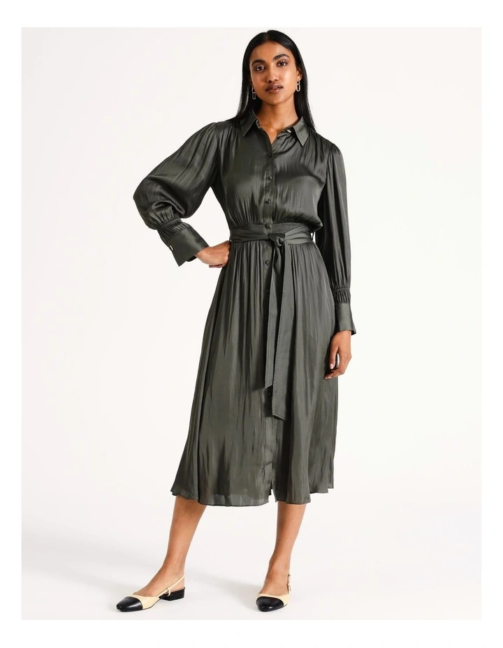 Hammered Satin Midi Shirt Dress in Khaki