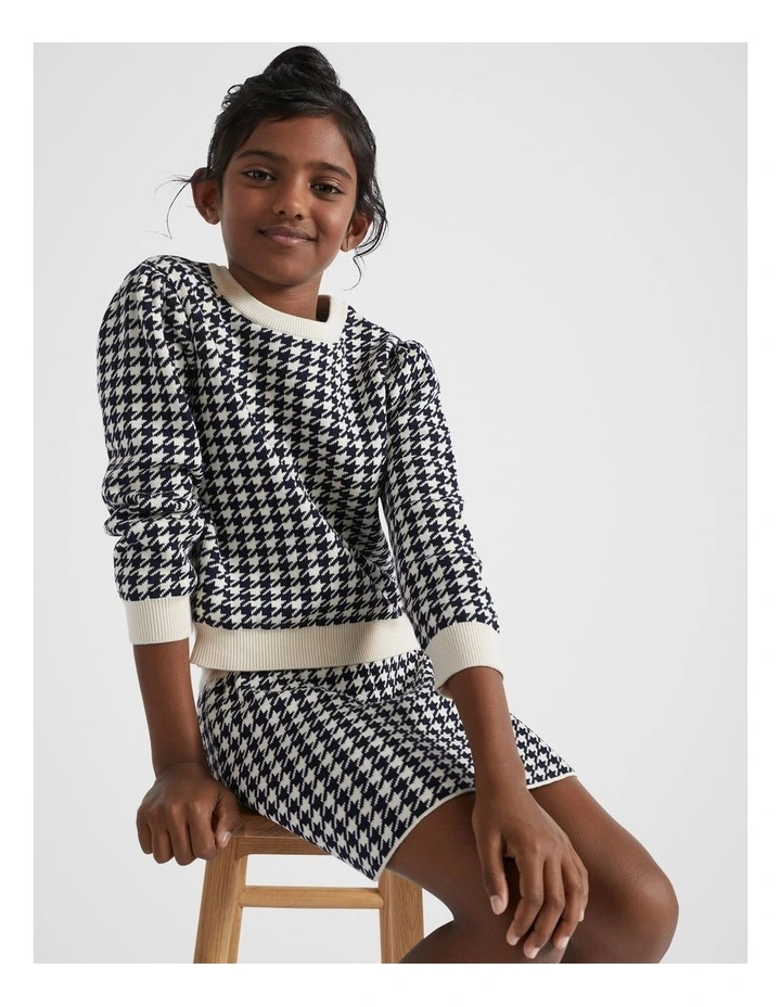 Houndstooth Knit Sweater in Midnight Blue