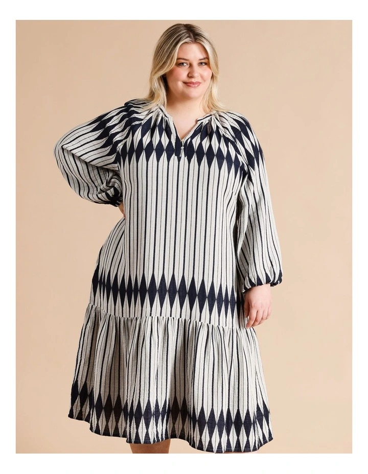 Organic Cotton Long Sleeve Dress Charcoal In Ivory Jacquard