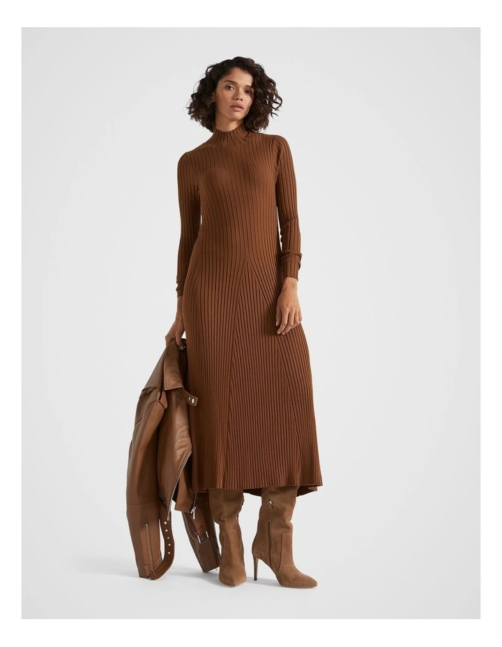 Rib Knit High Neck Dress in Spice
