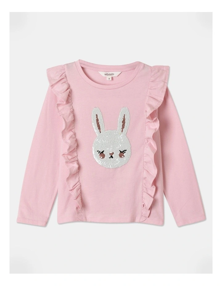 Bunny Flip Sequin and Frill Shoulder Top (3-8 Years) in Pink