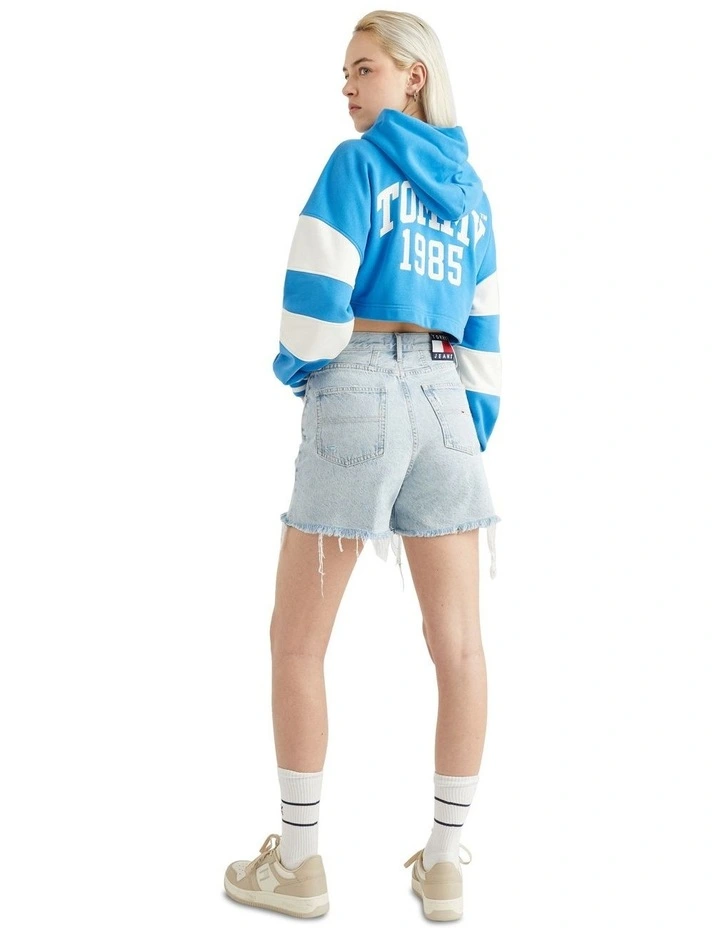 Distressed Mom Fit Denim Shorts in Blue