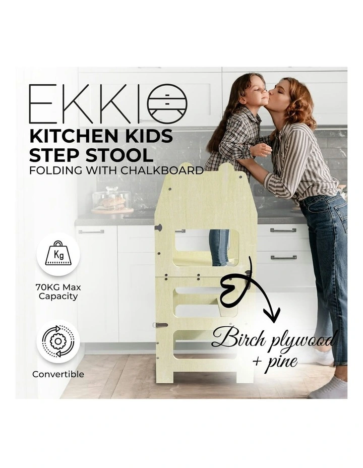Bear Ear Design Foldable Wooden Kitchen Step Stool with Chalkboard in White