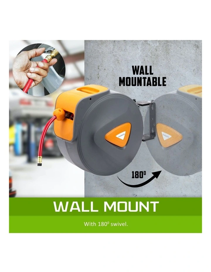 Air Hose Retractable Reel Auto Rewind Heavy Duty Wall Mounted 30m in Grey