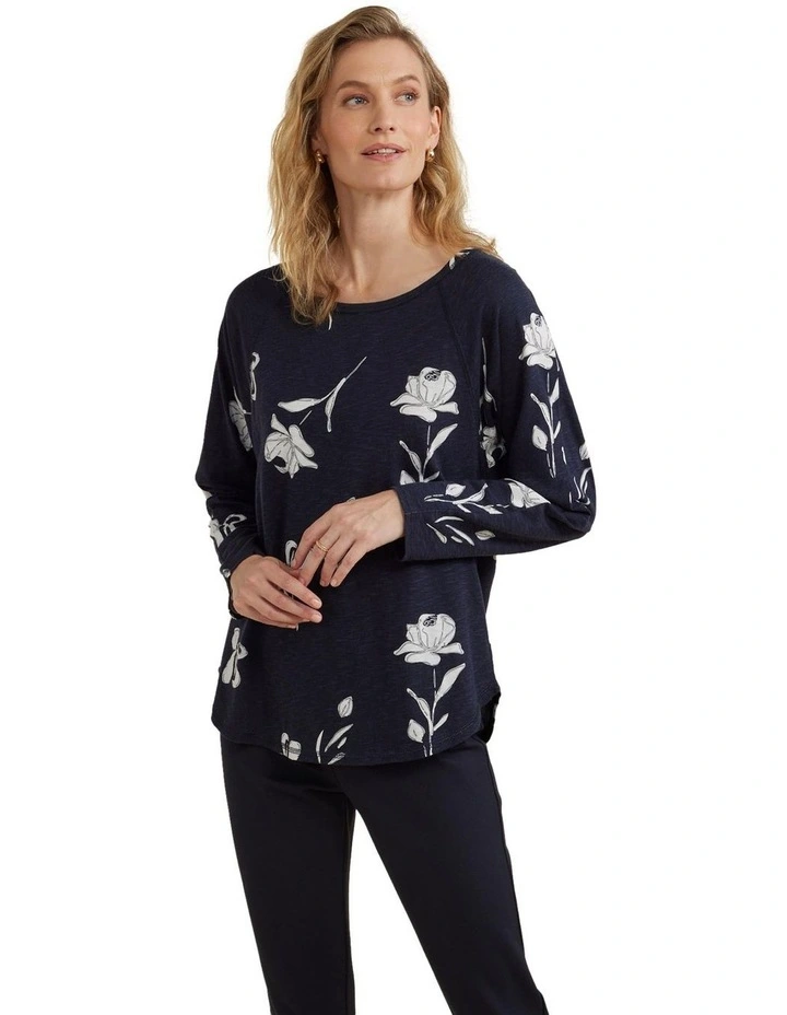 Monoflower Print Tee in Navy Blue