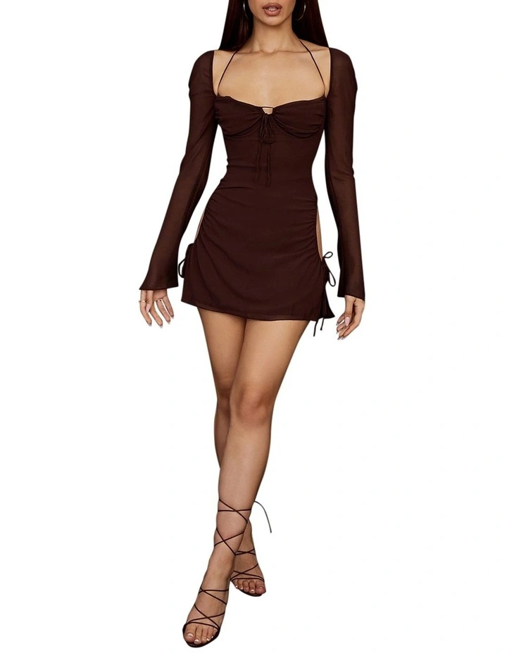 Baby Chiffon Cutout Halter Mini Dress in Chocolate