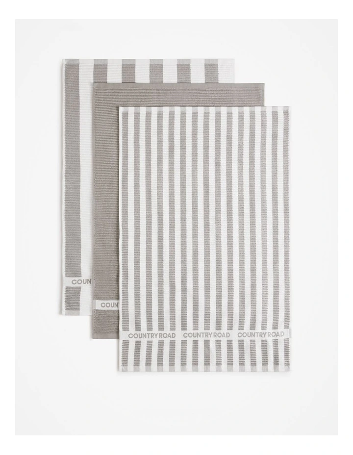Stripe Australian Cotton Tea Towel Pack Of 3 in Pale Grey