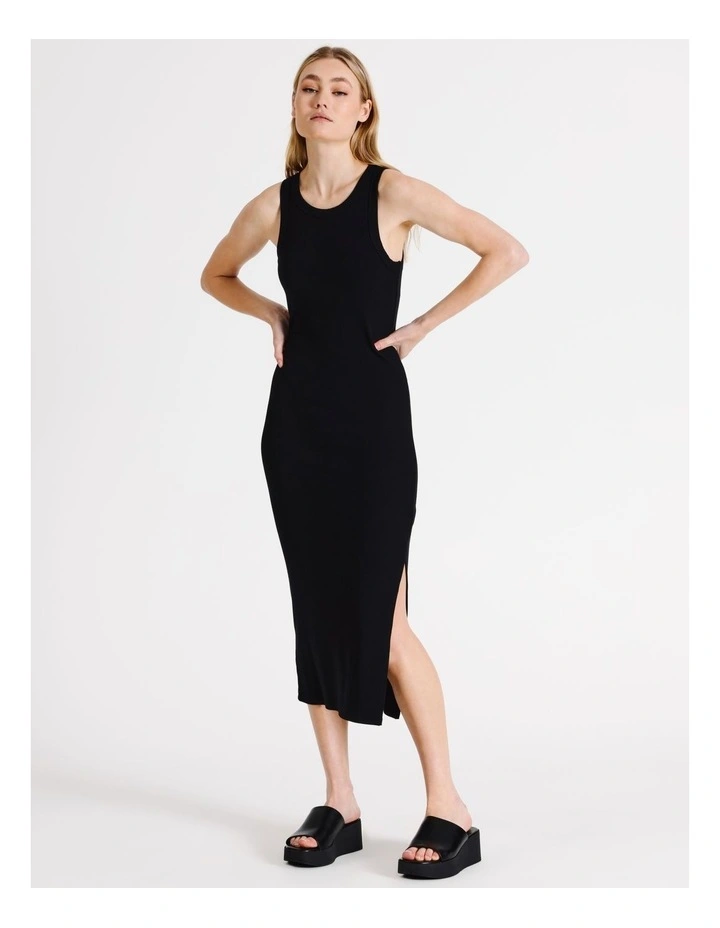 Eco Blend Sleeveless Rib Midi Dress in Black