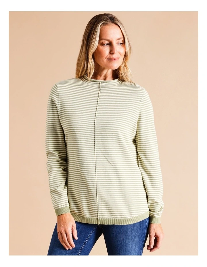 Organic Cotton Blend Funnel Neck Jumper With CF Seam in Sage/ Ivory Stripe