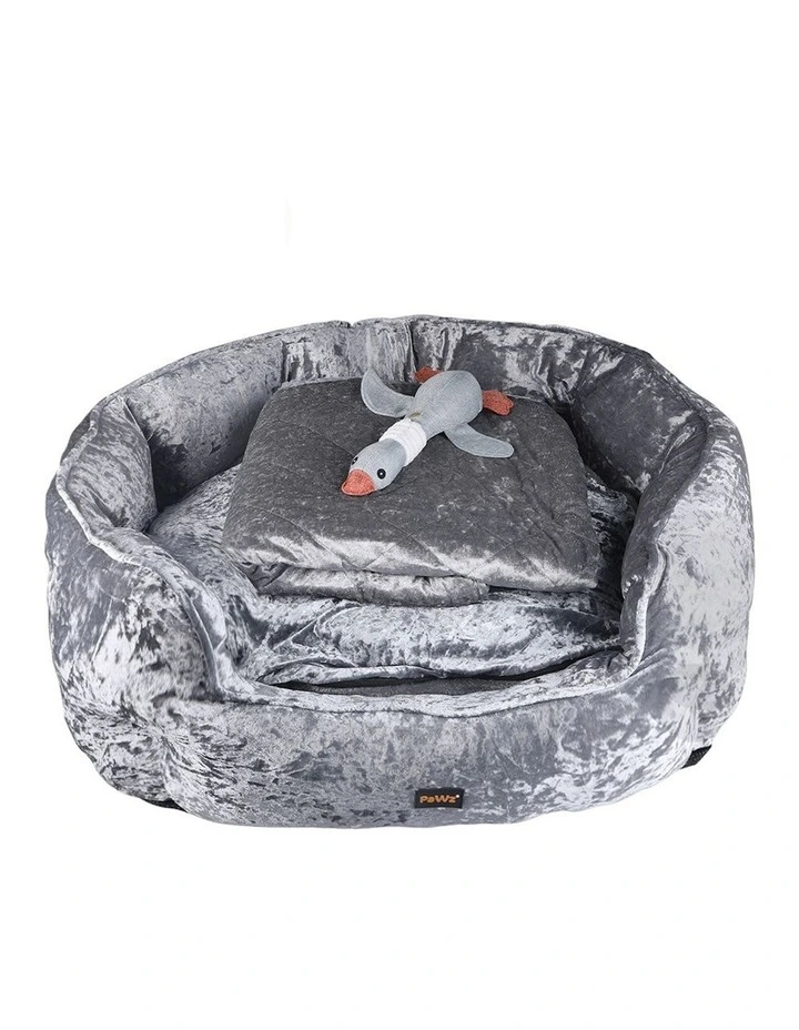 Quilted Blanket Squeaky Toy Calming Warm Soft L Pet Bed Set in Grey