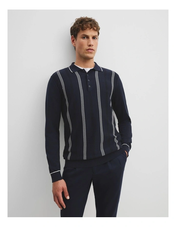 Cotton Silk Stripe Polo in Navy
