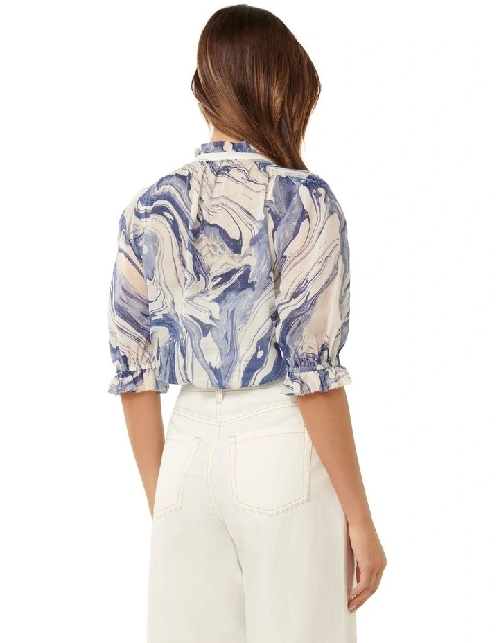 Rita Half Placket Ramie Blouse in Blue