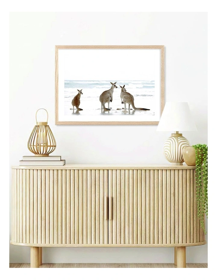 Australian Made Kangaroo Beach Art Print A2 in Natural Frame