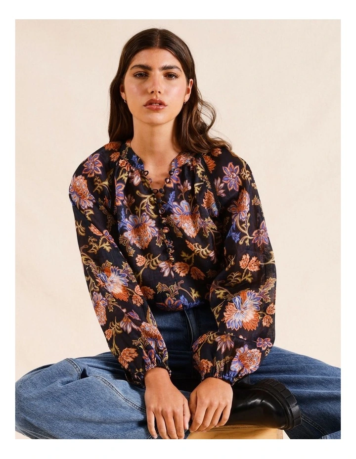 Ramie High Neck Button Blouse in Navy